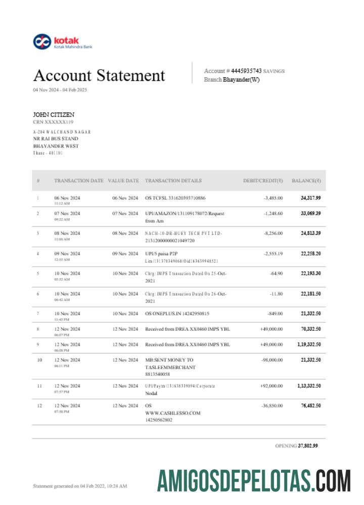 modelo de extrato bancário em branco INDIA BOX, formato Word e PDF
